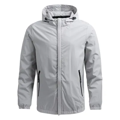 Men's Casual Spring Hooded Jacket Coat Solid Color with Zipper Trim