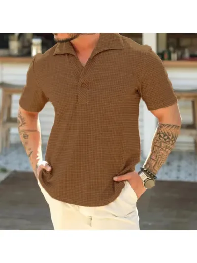 Men Casual Quick-Drying Breathable Solid Waffle Polo Shirt