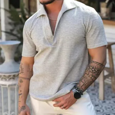 Men Casual Solid Color Quick-Drying Breathable Waffle Polo Shirt