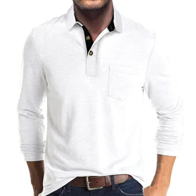 Men Long Sleeve Asymmetric Lapel Polo Shirt Cotton Blend Solid Color