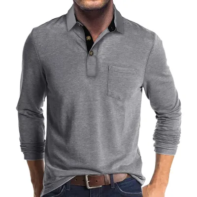 Men Long Sleeve Asymmetric Lapel Polo Shirt Cotton Blend Solid Color