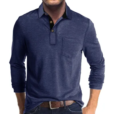 Men Long Sleeve Asymmetric Lapel Polo Shirt Cotton Blend Solid Color