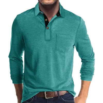 Men Long Sleeve Asymmetric Lapel Polo Shirt Cotton Blend Solid Color