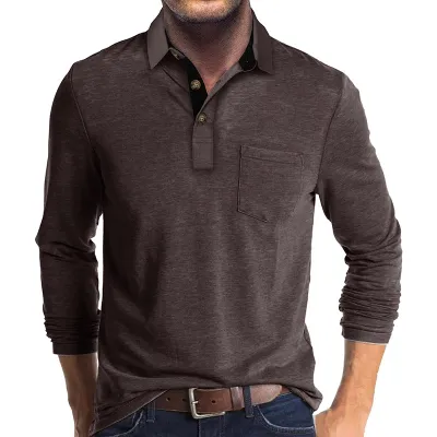 Men Long Sleeve Asymmetric Lapel Polo Shirt Cotton Blend Solid Color