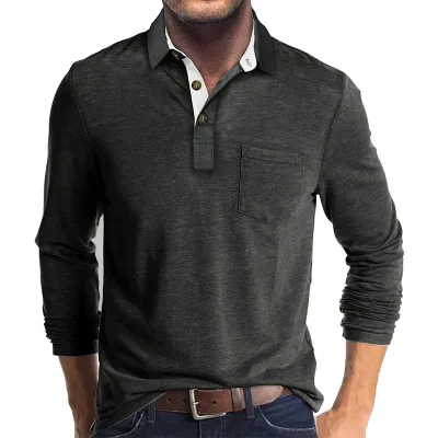 Men Long Sleeve Asymmetric Lapel Polo Shirt Cotton Blend Solid Color
