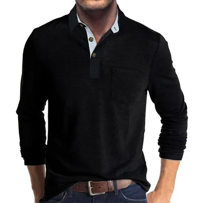 Men Long Sleeve Asymmetric Lapel Polo Shirt Cotton Blend Solid Color