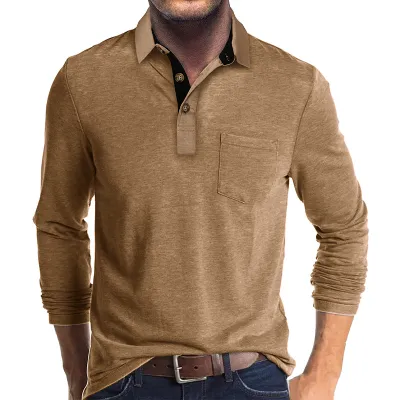 Men Long Sleeve Asymmetric Lapel Polo Shirt Cotton Blend Solid Color
