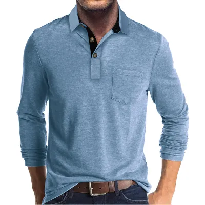 Men Long Sleeve Asymmetric Lapel Polo Shirt Cotton Blend Solid Color