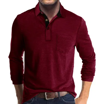 Men Long Sleeve Asymmetric Lapel Polo Shirt Cotton Blend Solid Color