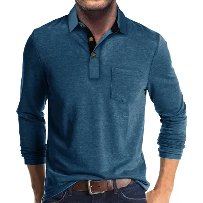 Men Long Sleeve Asymmetric Lapel Polo Shirt Cotton Blend Solid Color