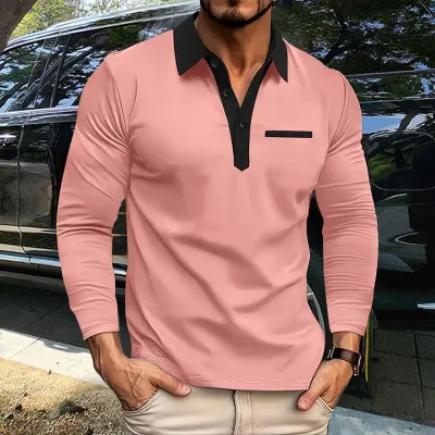 Men Asymmetry Color Blocking Slim Fit Long Sleeve Polo Shirt