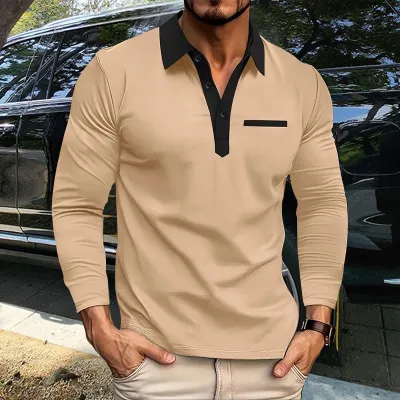 Men Asymmetry Color Blocking Slim Fit Long Sleeve Polo Shirt