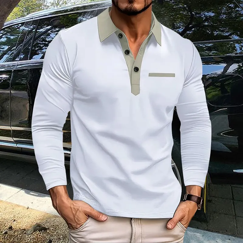 Men Asymmetry Color Blocking Slim Fit Long Sleeve Polo Shirt