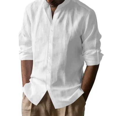 Men Cotton Linen Long Sleeve Breathable Henry Collar Casual Shirt