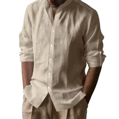 Men Cotton Linen Long Sleeve Breathable Henry Collar Casual Shirt