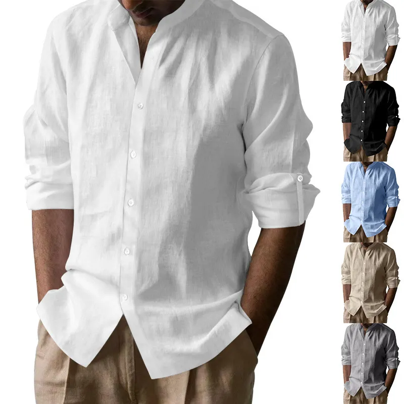 Men Cotton Linen Long Sleeve Breathable Henry Collar Casual Shirt