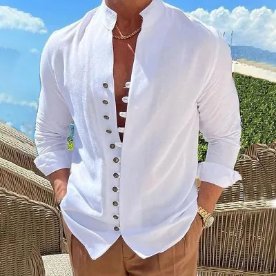 Camisa informal de manga larga holgada de algodón y lino estilo vintage para hombre.
