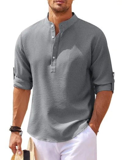 Men Long Sleeve Open Button Pineapple Plaid Shirt Light Cooked Leisure Cotton Blend Loose Fit Stand Collar