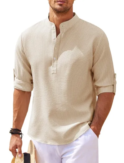 Men Long Sleeve Open Button Pineapple Plaid Shirt Light Cooked Leisure Cotton Blend Loose Fit Stand Collar