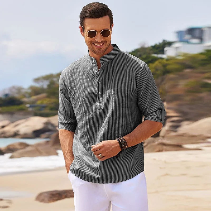 Men Long Sleeve Open Button Pineapple Plaid Shirt Light Cooked Leisure Cotton Blend Loose Fit Stand Collar