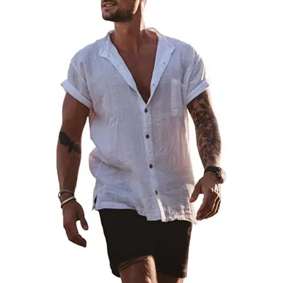 Summer Men Cotton Linen Loose Pocket Short Sleeve Street Shirt