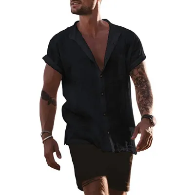 Summer Men Cotton Linen Loose Pocket Short Sleeve Street Shirt