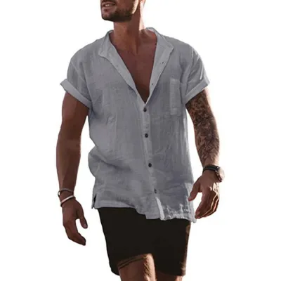 Summer Men Cotton Linen Loose Pocket Short Sleeve Street Shirt