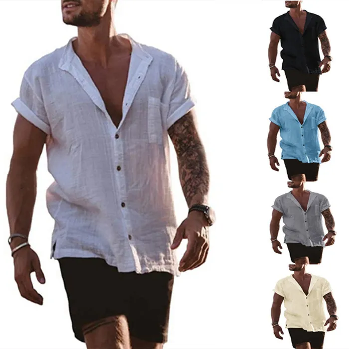 Summer Men Cotton Linen Loose Pocket Short Sleeve Street Shirt