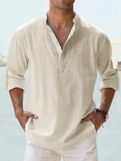 Men Linen Stand Collar Long-Sleeved Solid Color Pullover Shirt