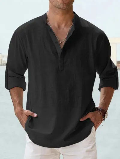 Men Linen Stand Collar Long-Sleeved Solid Color Pullover Shirt