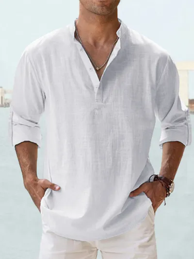 Men Linen Stand Collar Long-Sleeved Solid Color Pullover Shirt