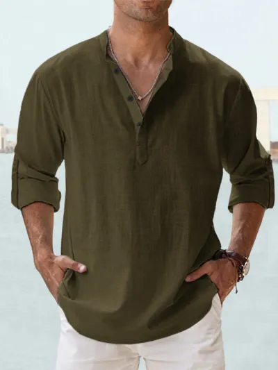 Men Linen Stand Collar Long-Sleeved Solid Color Pullover Shirt