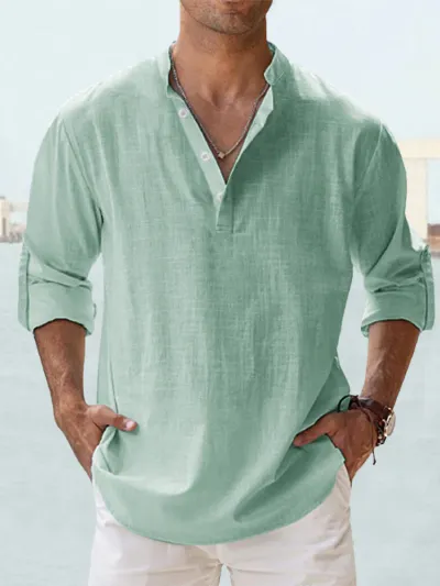 Men Linen Stand Collar Long-Sleeved Solid Color Pullover Shirt