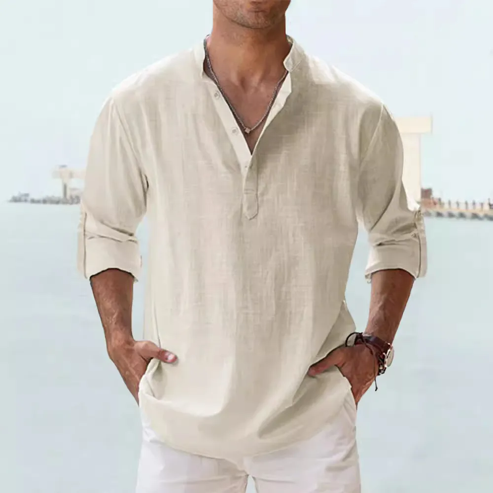Men Linen Stand Collar Long-Sleeved Solid Color Pullover Shirt