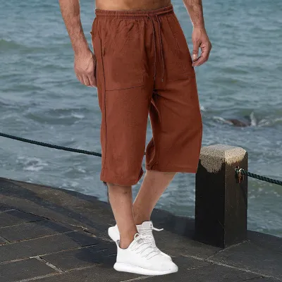 Men Casual Cotton Linen Summer Cropped Shorts Multi-Pocket Straight