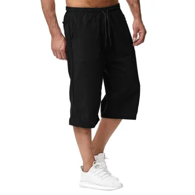 Men Casual Cotton Linen Summer Cropped Shorts Multi-Pocket Straight
