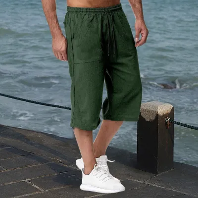 Men Casual Cotton Linen Summer Cropped Shorts Multi-Pocket Straight