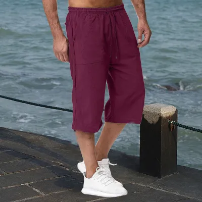 Men Casual Cotton Linen Summer Cropped Shorts Multi-Pocket Straight