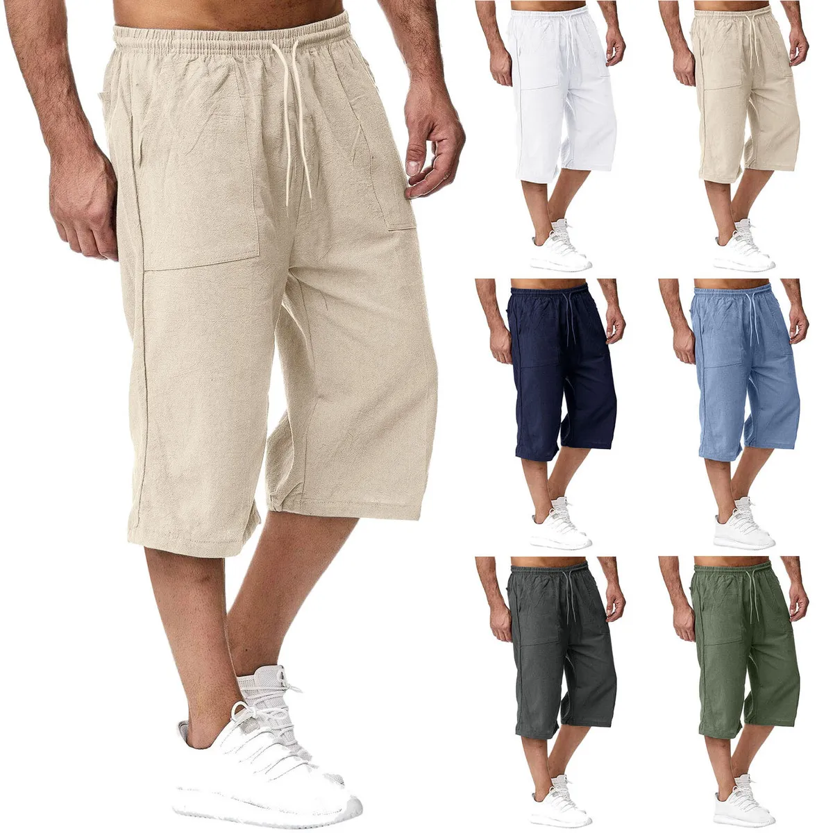 Men Casual Cotton Linen Summer Cropped Shorts Multi-Pocket Straight