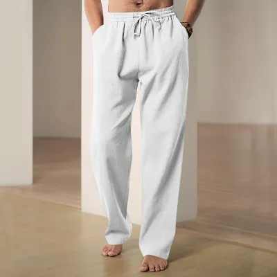Men Breathable Linen Loose Straight Leg Casual Sports Pants Summer
