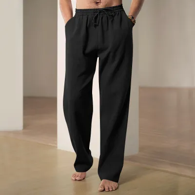 Men Breathable Linen Loose Straight Leg Casual Sports Pants Summer