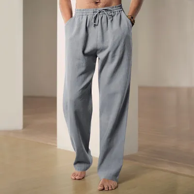 Men Breathable Linen Loose Straight Leg Casual Sports Pants Summer