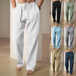 Men Breathable Linen Loose Straight Leg Casual Sports Pants Summer