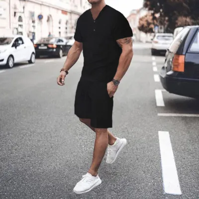 Men's Waffled V-Neck Breathable Solid Color T-Shirt and Shorts Set for Hot Summer Sports