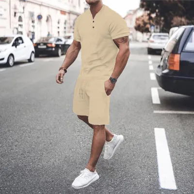 Men's Waffled V-Neck Breathable Solid Color T-Shirt and Shorts Set for Hot Summer Sports