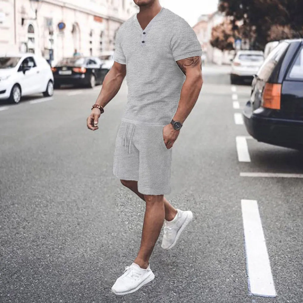 Men's Waffled V-Neck Breathable Solid Color T-Shirt and Shorts Set for Hot Summer Sports
