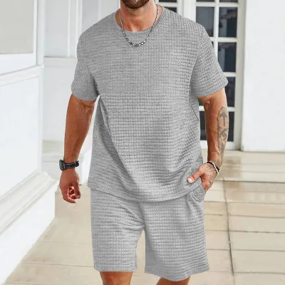 Men Casual Solid Color Waffle Round Neck T-Shirt and Shorts 2 Piece Set