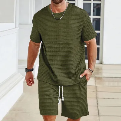 Men Casual Solid Color Waffle Round Neck T-Shirt and Shorts 2 Piece Set