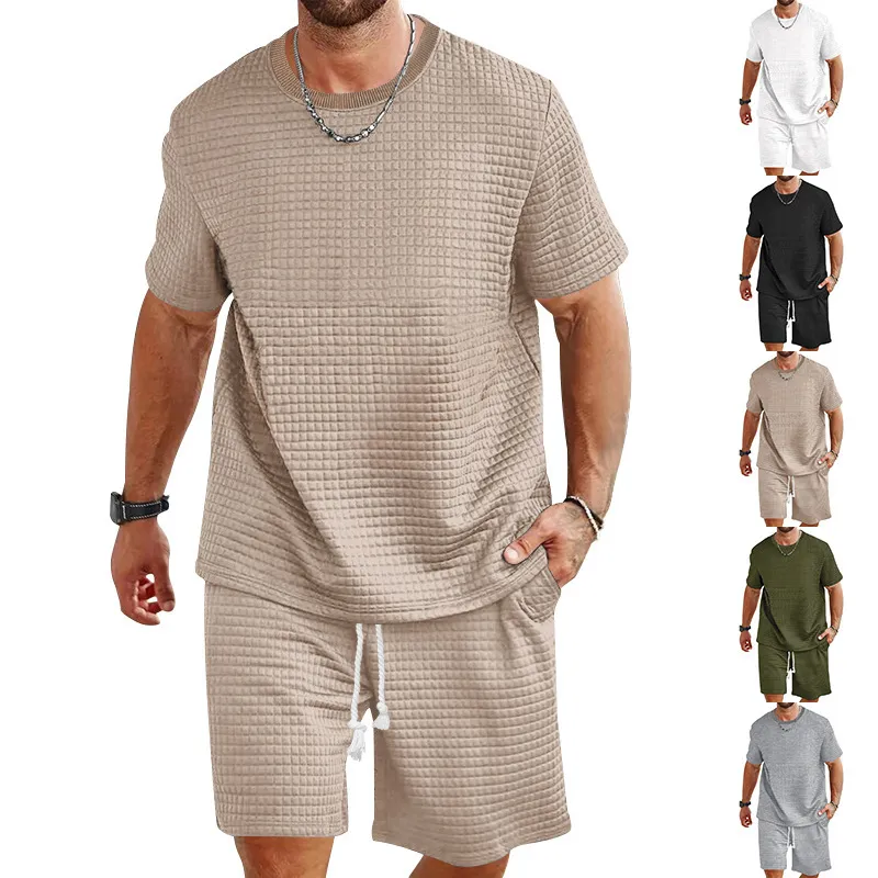 Men Casual Solid Color Waffle Round Neck T-Shirt and Shorts 2 Piece Set