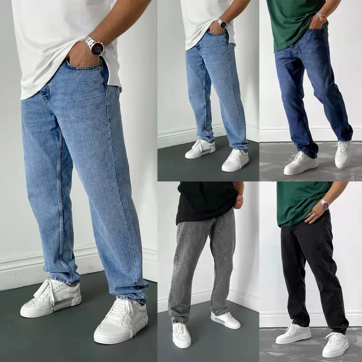 Men Simple Casual Straight Jeans with Multi-Pockets